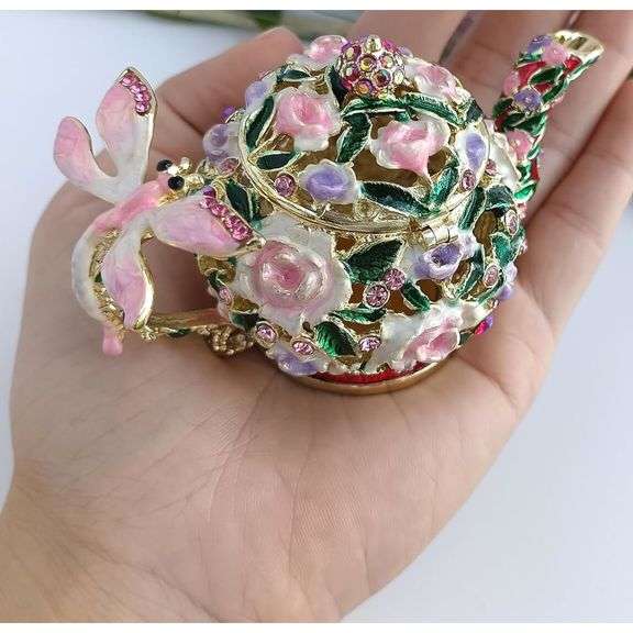 Hand-Painted Teapot Trinket Box with Rhinestones