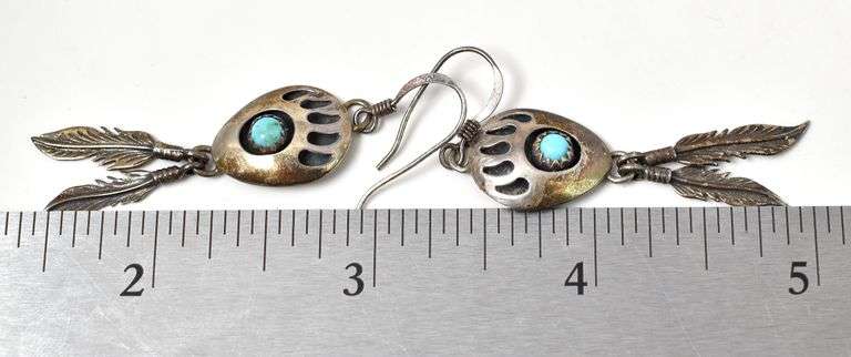 Bear Paw and Feathers Earrings with Turquoise in Sterling Silver 4.3grams