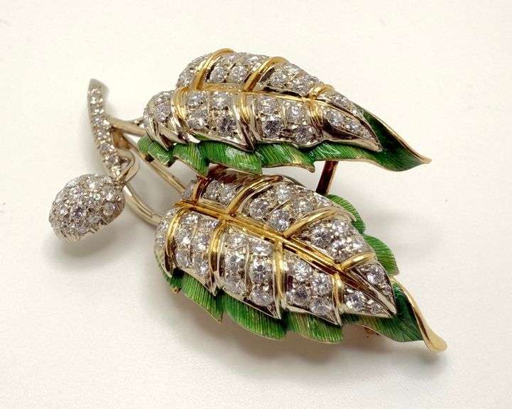 18KT Italian hand made yellow/white gold with 2.16 cttw pave set round diamond leaf brooch