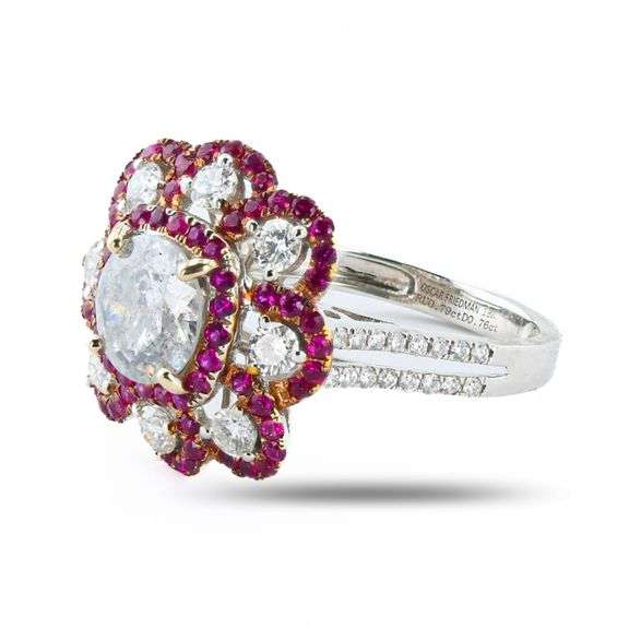 18K WHITE AND ROSE GOLD H COLOR I CLARITY DIAMOND AND RUBY RING 3.09 C.T.W.