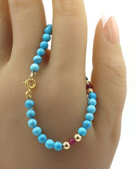 Turquoise, ruby and gold bead bracelet