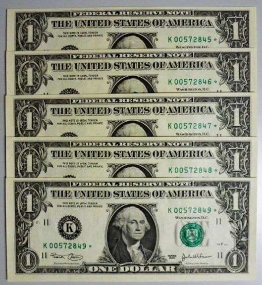 (5) Superb Crisp 2003 $1 Dollar Star Notes Dallas Consecutive Low Serial Numbers!