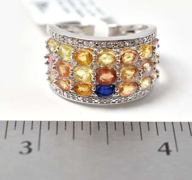 Multi Sapphire Ring with Accent Stones in Sterling Silver 6.8grams Size 8 3/4