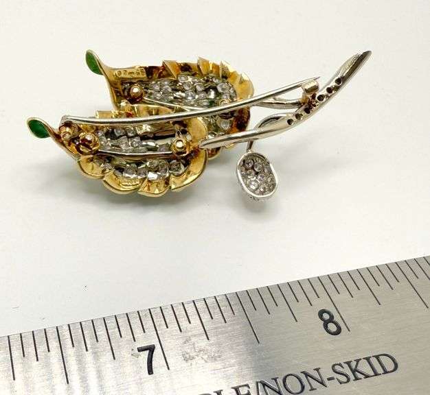 18KT Italian hand made yellow/white gold with 2.16 cttw pave set round diamond leaf brooch