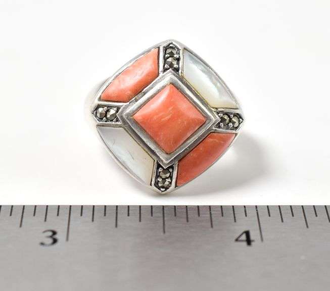 Spiny Oyster, Mother of Pearl and Marcasite Gemstone Ring in Sterling Silver