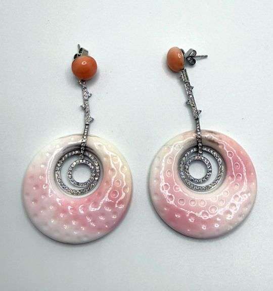 Hand made Italian 18kt white gold coral and diamond drop style earrings