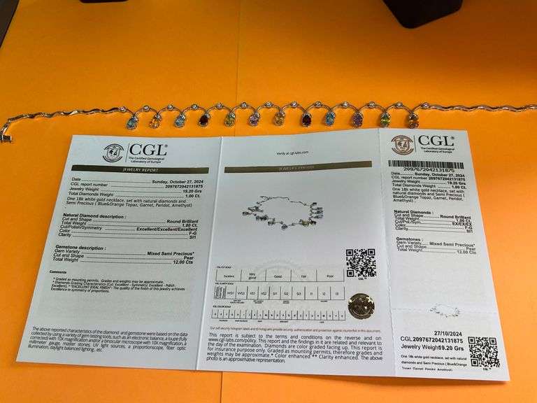 CERTIFIED BRAND NEW 18K WHITE GOLD DIAMOND AND GEM STONE NECKLACE