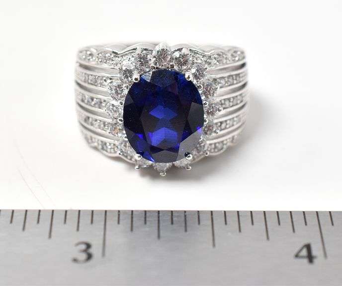 Sparkling Blue Gem Ring with Clear Accents in Sterling Silver 10.3grams Size 9