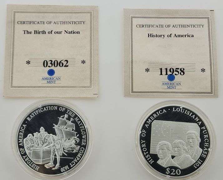 $20 Republic Of Liberia Louisiana Purchase & Mayflower Compact Silver Coins