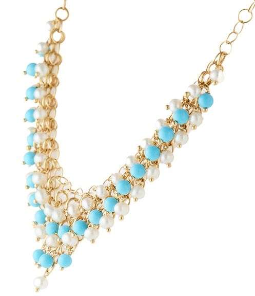 Turquoise and Pearl Beaded Fringe Statement Necklace in 14K