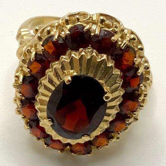 18kt Yellow Gold Oval Garnet & Halo Garnet Ring