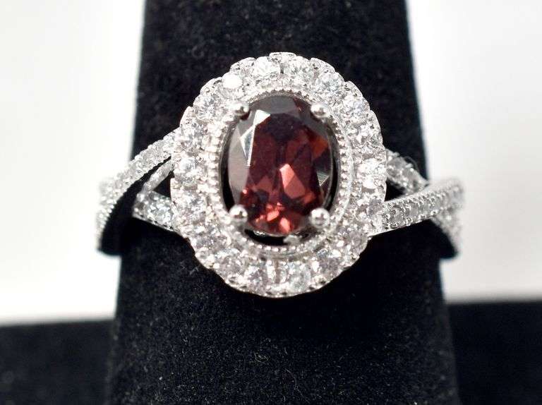 Gorgeous Red Gem Ring with Clear Accent Stones in Sterling Silver 4.8grams Size 8 3/4