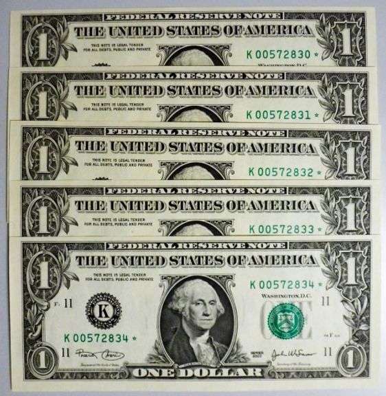 (5) Superb Crisp 2003 $1 Dollar Star Notes Dallas Consecutive Low Serial Numbers!