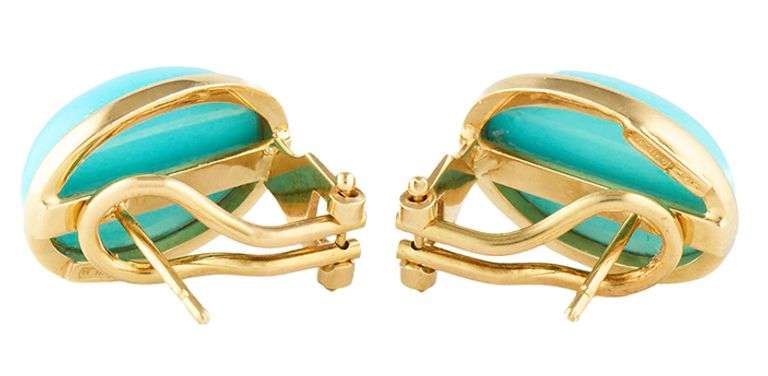 Oval Turquoise Bezel Set Omega Back Earrings in 18K