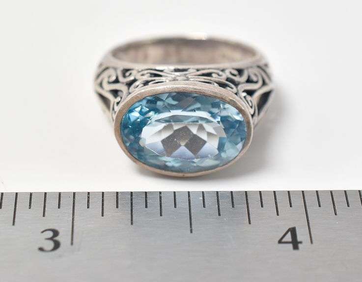Oval Cut Light Blue Gem Ring With Detailed Housing in Sterling Silver 7grams Size 6.5