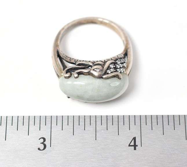 Unique Ring with Light Green Stone and Intricate detailing on Housing in Sterling Silver 8grams Size