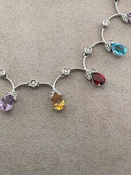 CERTIFIED BRAND NEW 18K WHITE GOLD DIAMOND AND GEM STONE NECKLACE