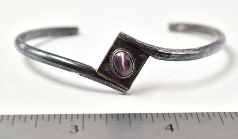 Purple Cat's Eye Gemstone Bangle Bracelet in Sterling Silver