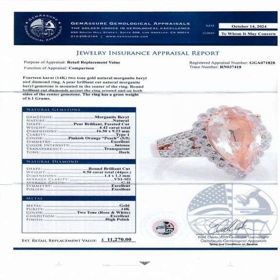 14K WHITE AND ROSE GOLD MORGANITE AND DIAMOND RING 4.92 C.T.W.
