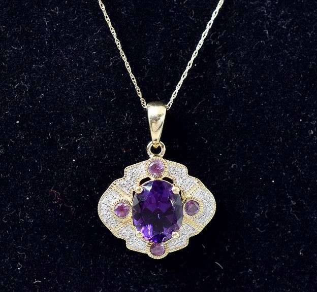 Interesting 10K Yellow Gold Multi-Gemstone Pendant Necklace