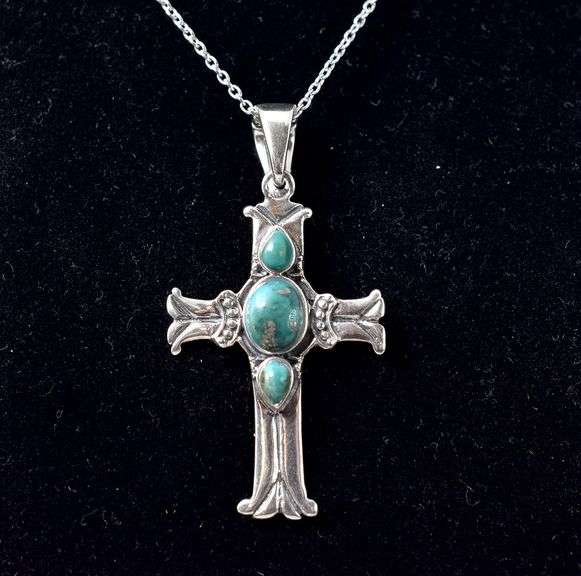Turquoise Gemstone Cross Pendant Necklace in Sterling Silver