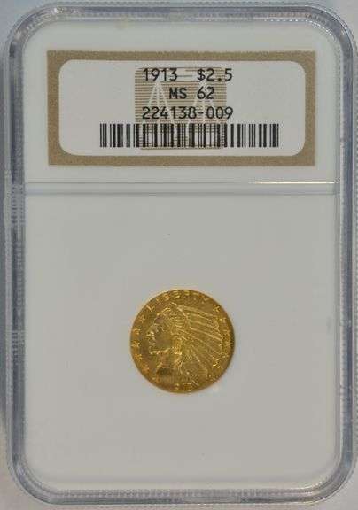 Scarcer Choice BU 1913 $2.50 Indian Gold Piece. NGC MS62