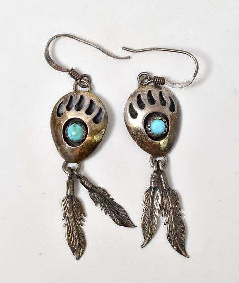 Bear Paw and Feathers Earrings with Turquoise in Sterling Silver 4.3grams