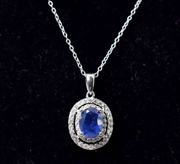 Blue Stone Necklace with Accent Gems in Sterling Silver 3grams 18inch