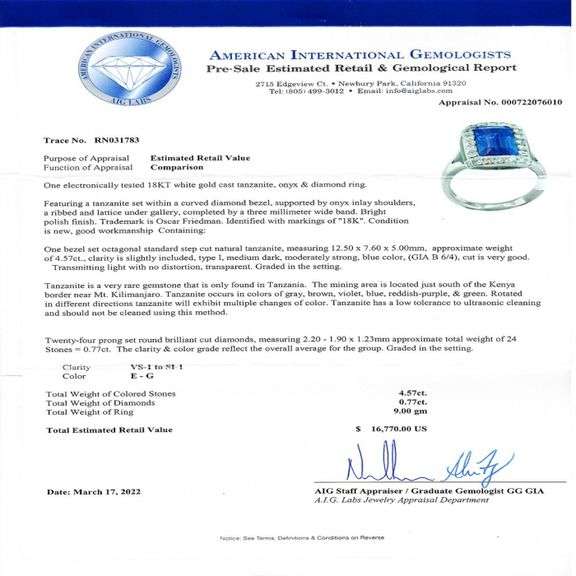 18K WHITE GOLD TANZANITE AND DIAMOND RING 5.34 C.T.W.