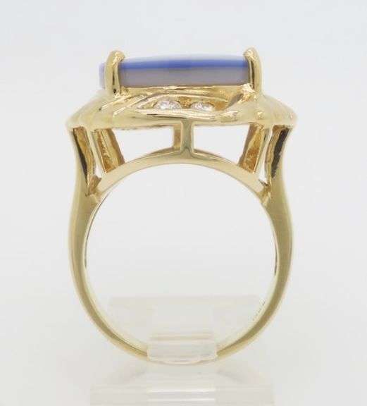 Carved Blue Agate Cameo & Diamond Ring Crafted in 14k Yellow Gold