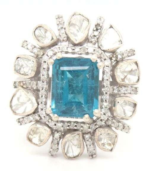 Darling 3.00CTS Emerald Cut Blue Topaz & Diamond Ring in Sterling Silver