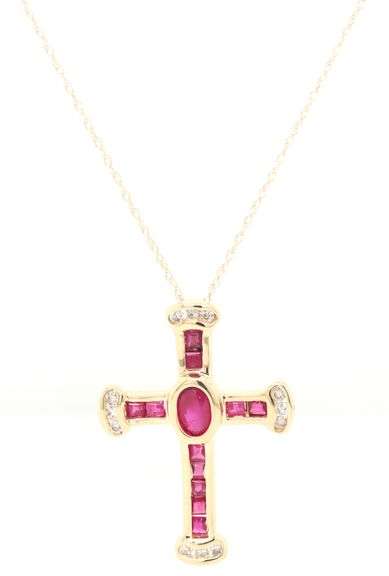 14kt Yellow gold oval and square Ruby and diamond cross pendant on chain
