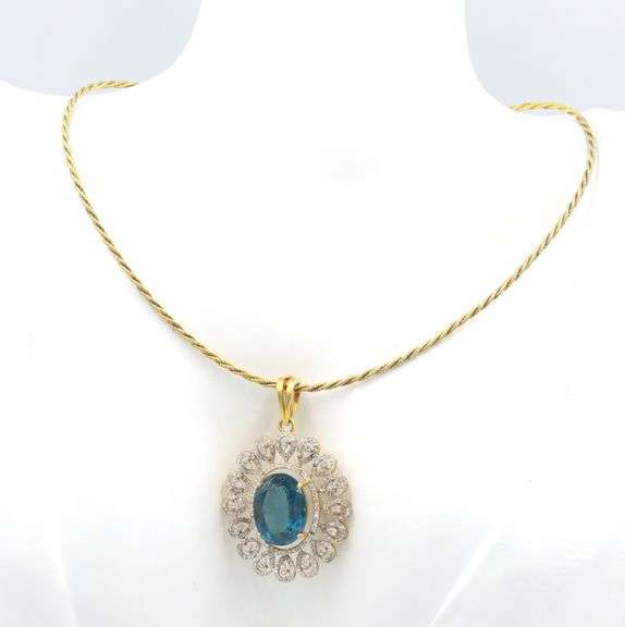Absolutely Ravishing 14K Yellow Gold Over Sterling Silver 5.20CTS Blue Sapphire & 1.90CTW Diamond Ne