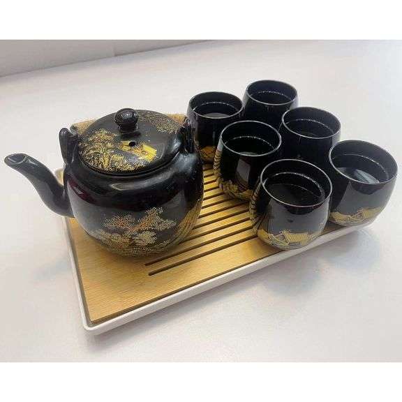 Japanese Black Glazed Tea Set and Tray