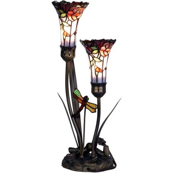 Dragonfly and Lily Flowers Stained Glass Lamp