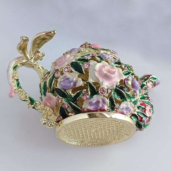 Hand-Painted Teapot Trinket Box with Rhinestones