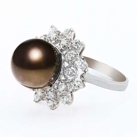 14K WHITE GOLD TAHITIAN SOUTH SEA PEARL AND DIAMOND RING 12.9MM
