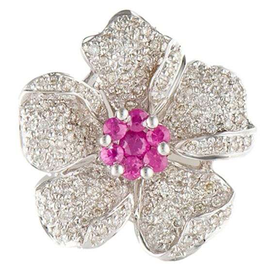 0.55ctw Pave Diamond and 0.32ctw Pink Sapphire Flower Pendant Necklace in 14K