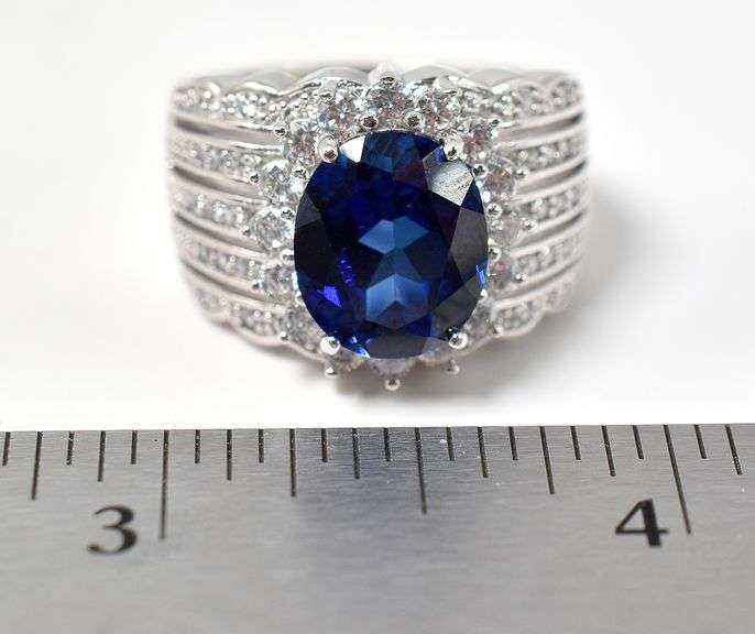 Large Band Ring with Blue Oval Cut Stone in Sterling Silver 11grams Size 8 3/4