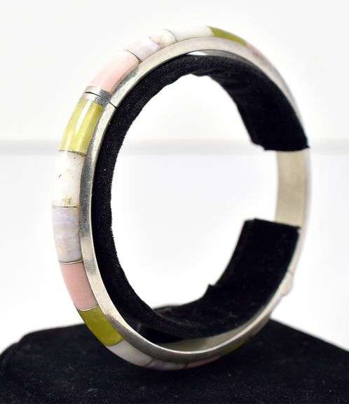 Multi Gemstone Hinged Bangle Bracelet in Sterling Silver 36.8 grams.