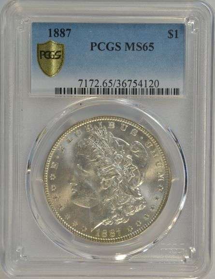 Blazing Gem BU 1887 Morgan Silver Dollar. PCGS MS65