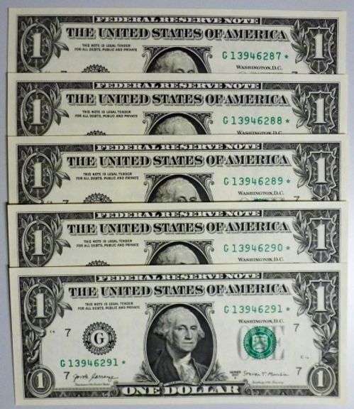 (5) Superb Crisp 2017A $1 Dollar Star Replacement Notes Chicago - Consecutive!