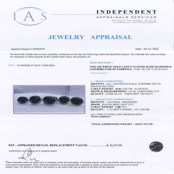 14K WHITE GOLD BLUE SAPPHIRE AND DIAMOND EARRINGS 45.69 C.T.W.