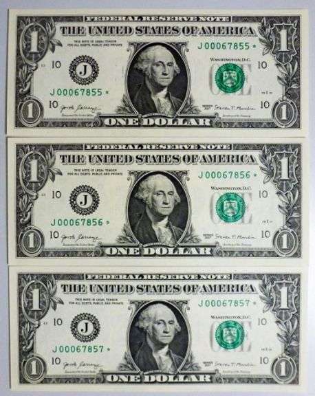 (3) Superb Crisp 2017 $1 Dollar Star Notes Kansas City - Consecutive Low Serial Numbers!