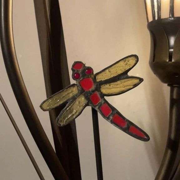 Dragonfly and Lily Flowers Stained Glass Lamp