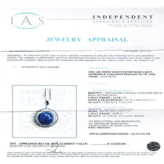 14K WHITE GOLD TANZANITE AND DIAMOND PENDANT 22.54 C.T.W.