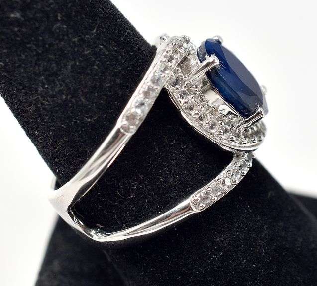 Blue Sapphire Ring with Clear Accents in Sterling Silver 9.8grams Size 8.5
