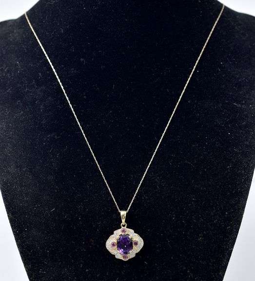 Interesting 10K Yellow Gold Multi-Gemstone Pendant Necklace