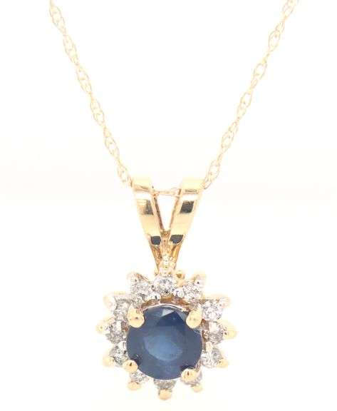 14kt Yellow gold round sapphire and diamond halo pendant on chain