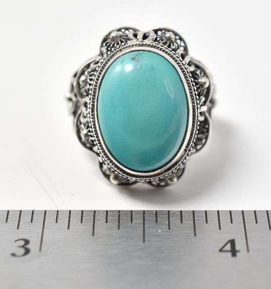 Beautiful Blue-Green Stone Ring with Floral detailing in Sterling Silver 8.2grams Size 6 3/4